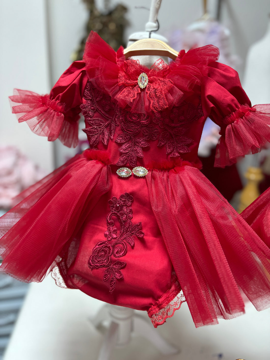 Red Coton Fabric Baby Girl Romper