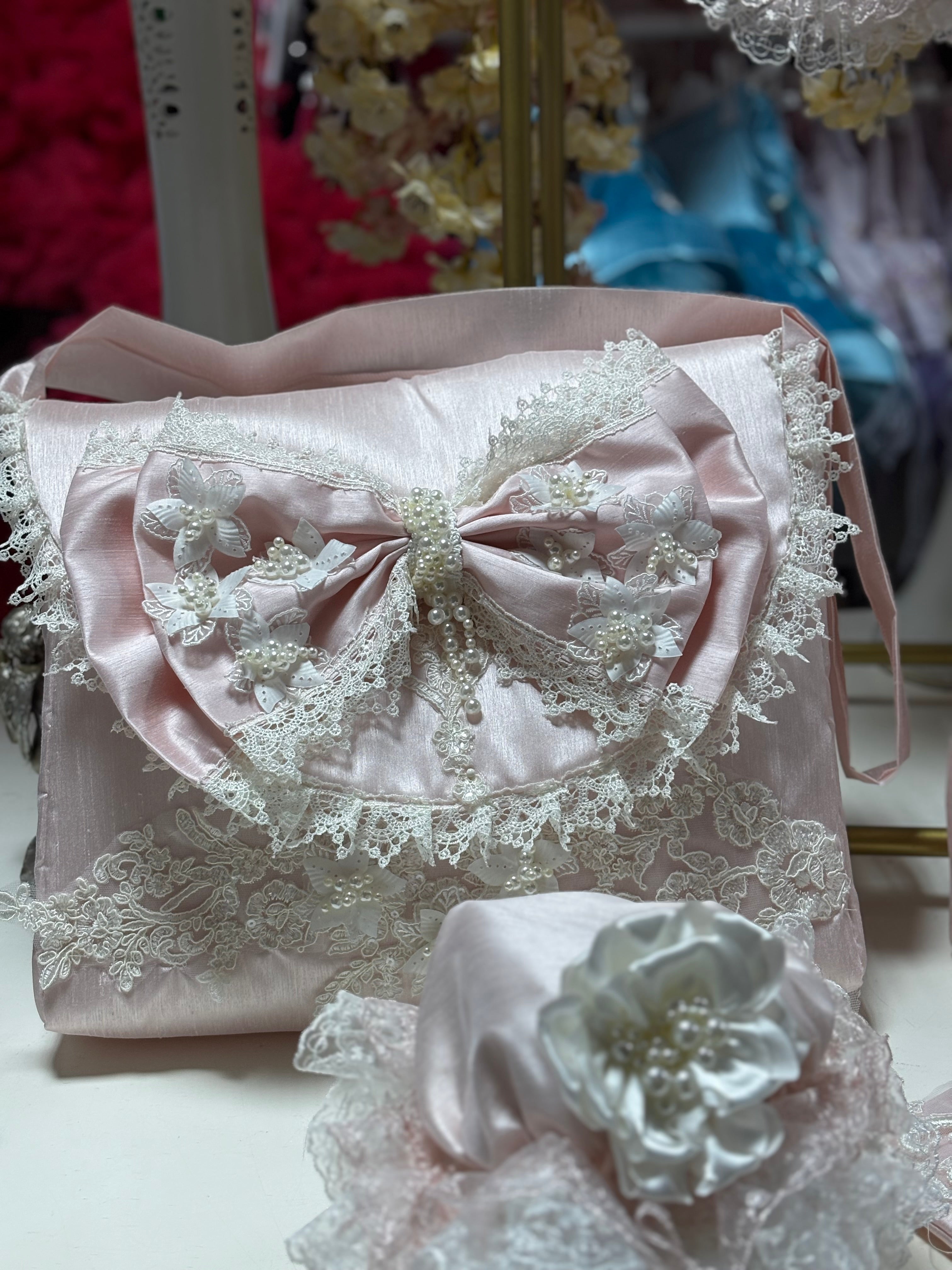 Pink silk fabric big bow pearl flowers diaper bag and bottle bag