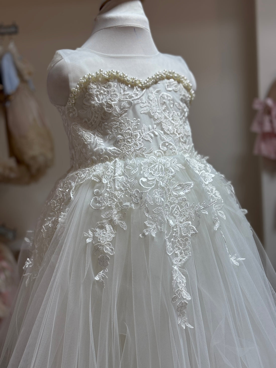 Cream long pearl details girl gown