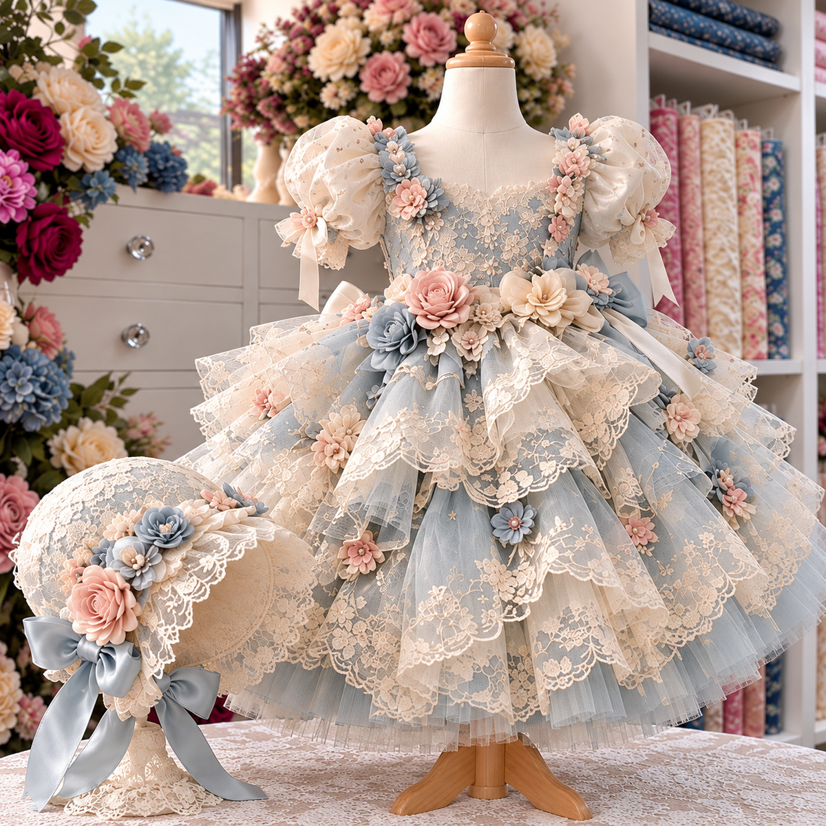 Blue cream flowers girl dress and bonnet