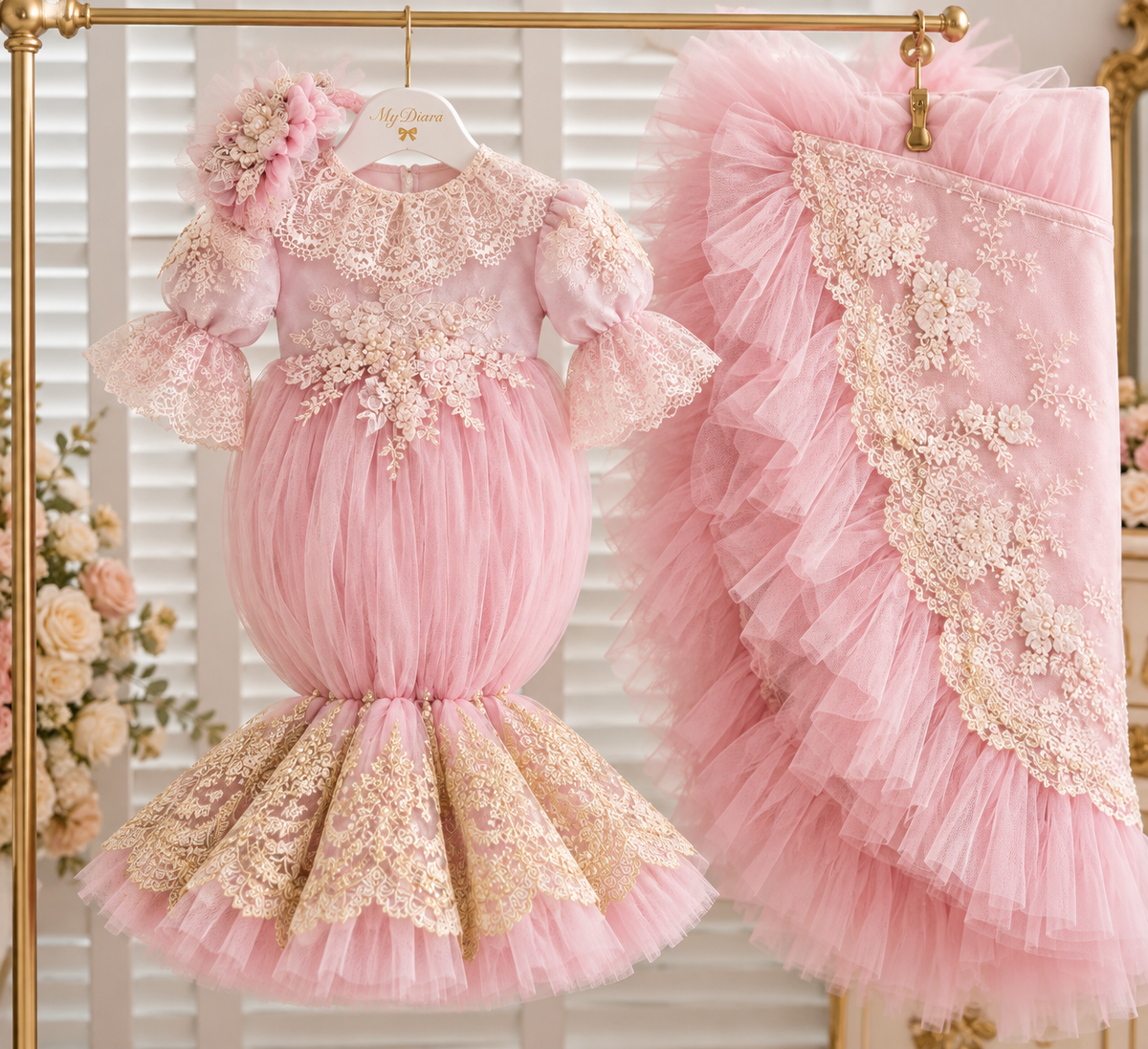 Pink baby gown hairband and blankent