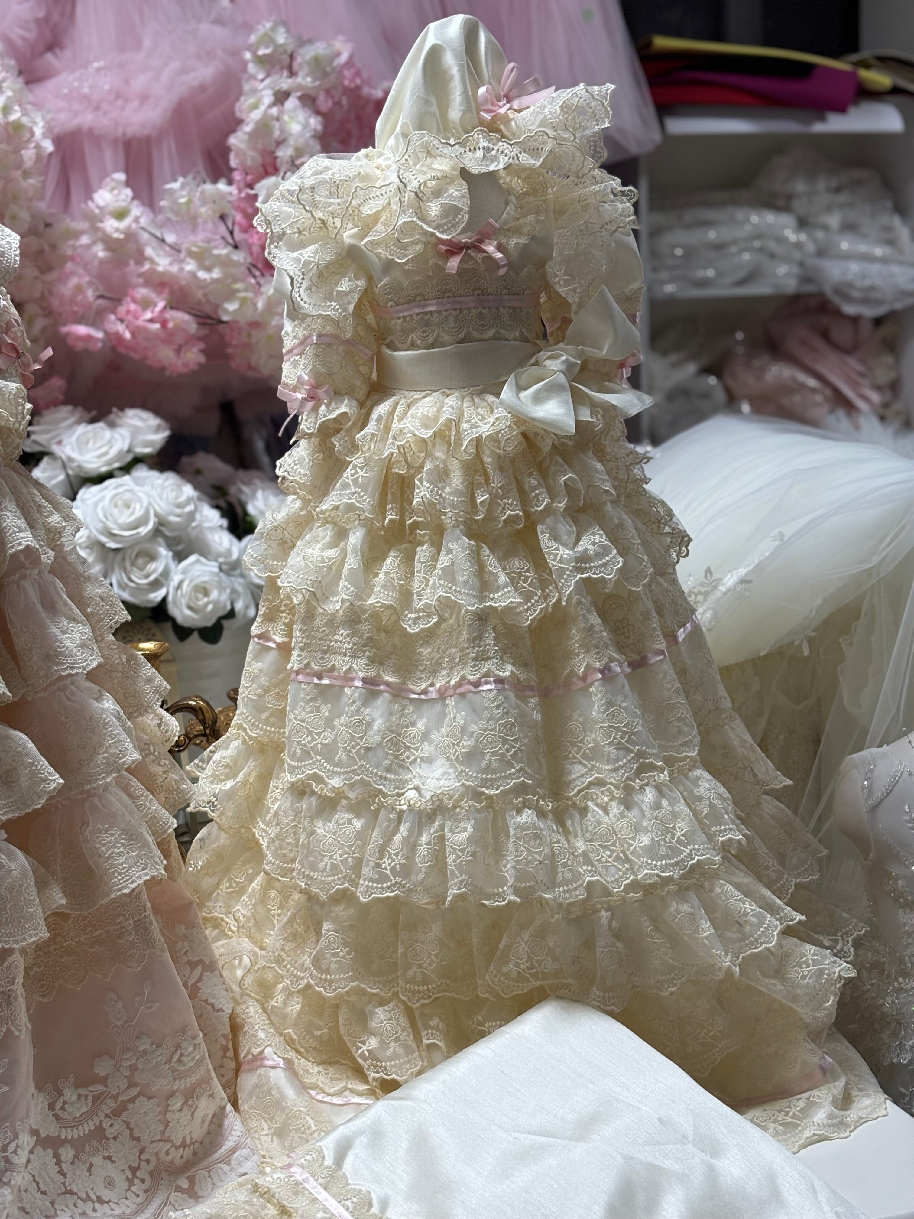 Ivory silk lace fabric baby long gown bonnet and Blankent set