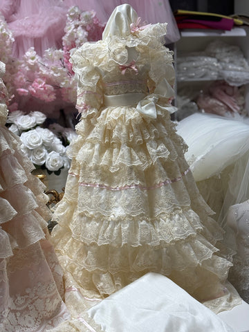 Ivory silk lace fabric baby long gown bonnet and Blankent set