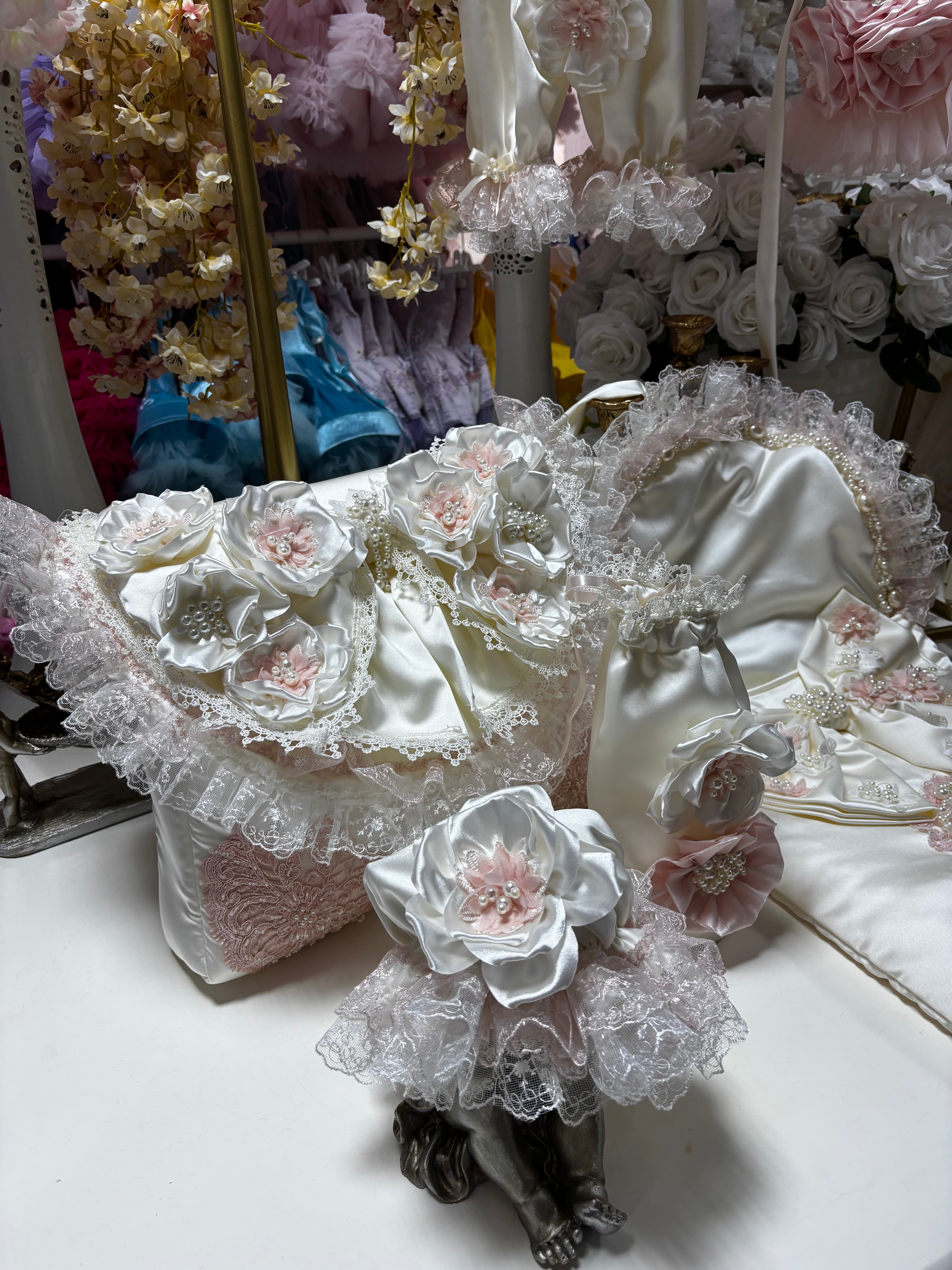 cream silk fabric big bow pearl flowers diaper bag and bottle bag