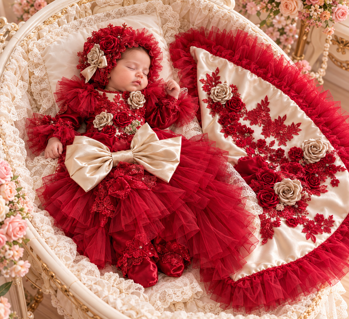 Red baby gown bonnet and Blankent Christmas set