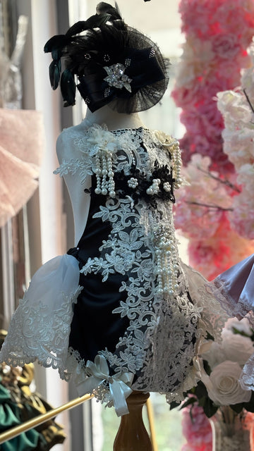 Black silk fabric baby girl pearl details vintage romper