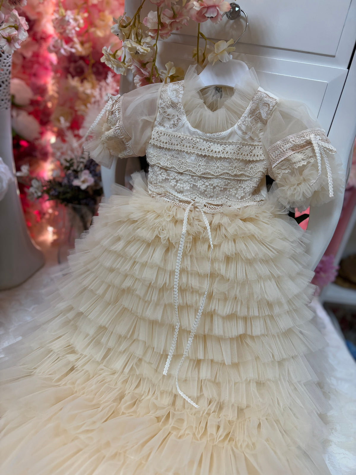 Cream lace long baby gown and bonnet