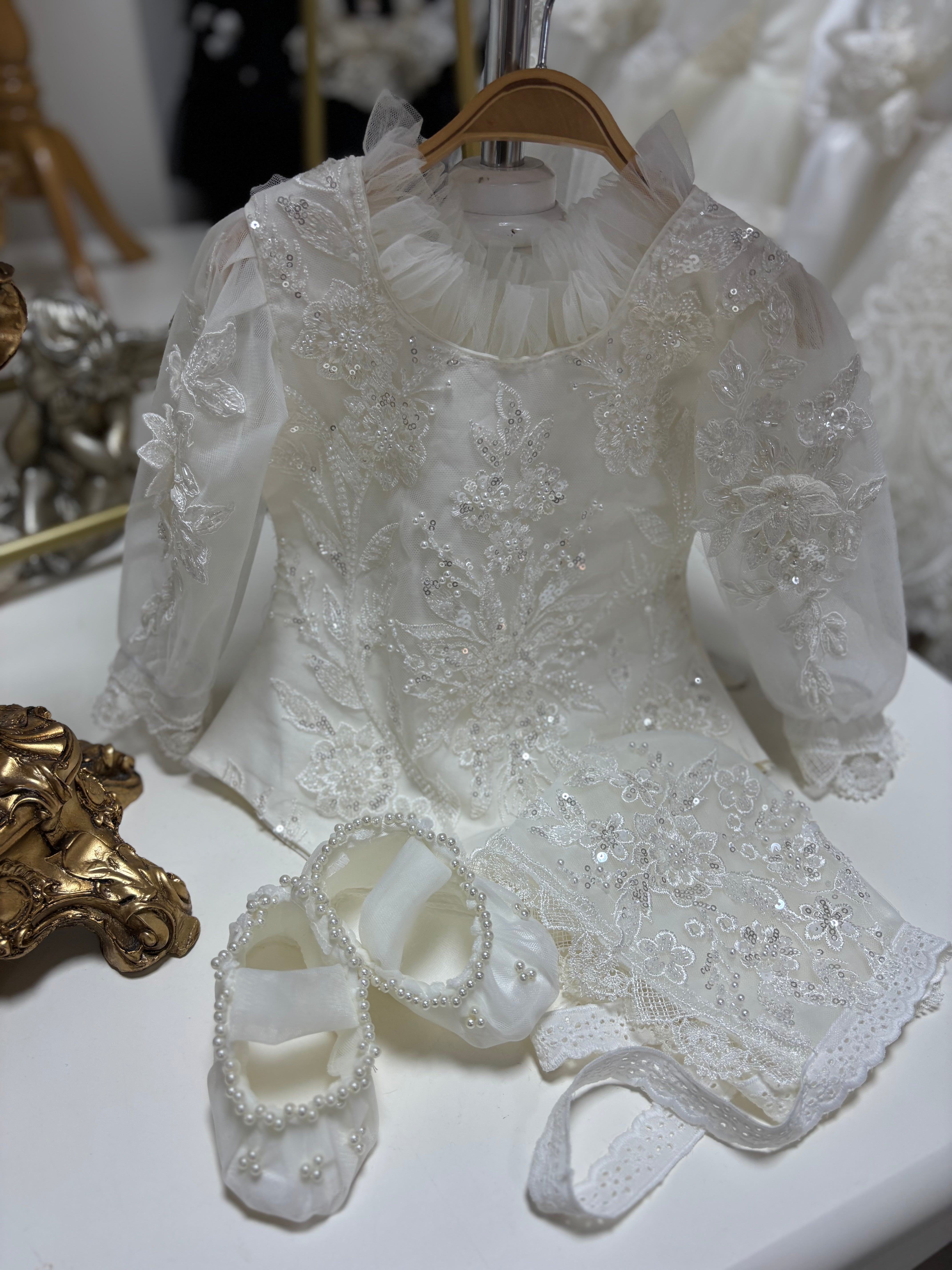 Cream Full pearl aplique handmade  baby baptism outfıt romper bonnet and shoes
