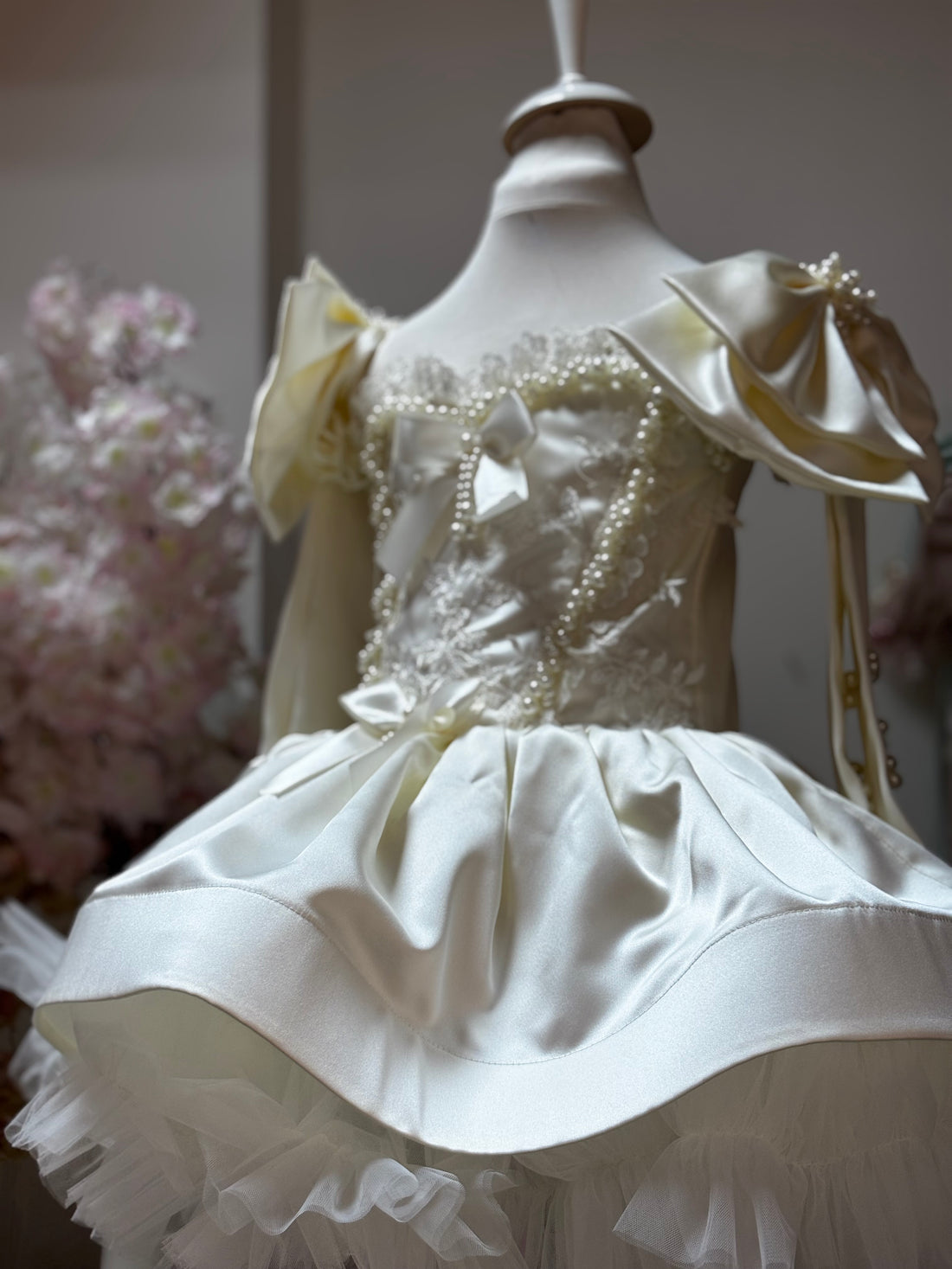 Cream satin girl party dress set and hair bow