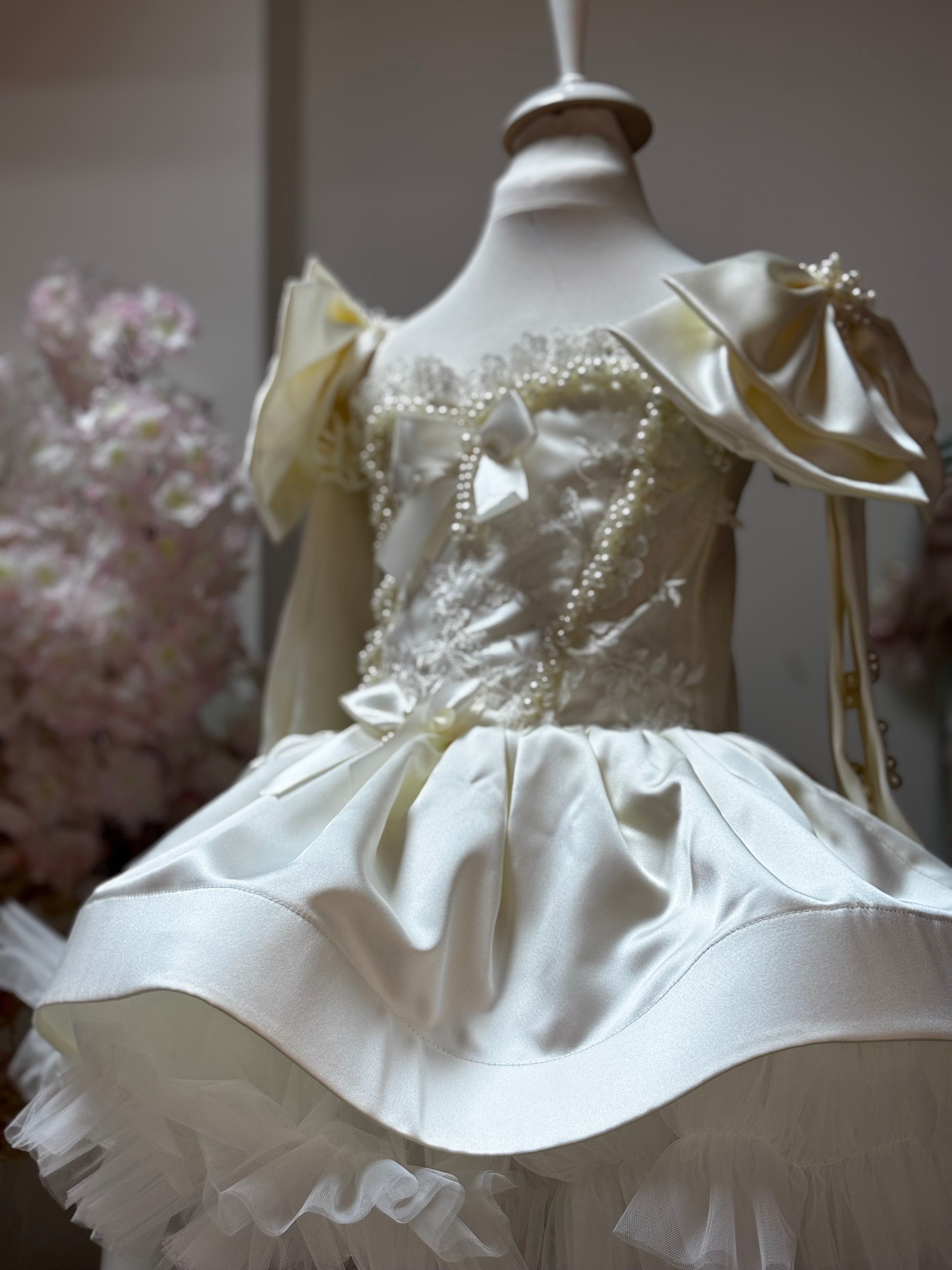 Cream satin girl party dress set and hair bow