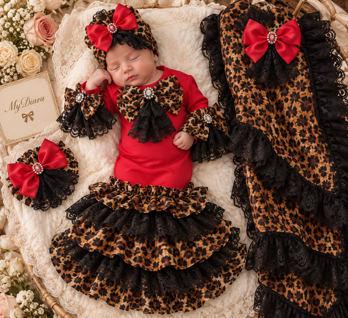 Red gown bonnet and blankent set