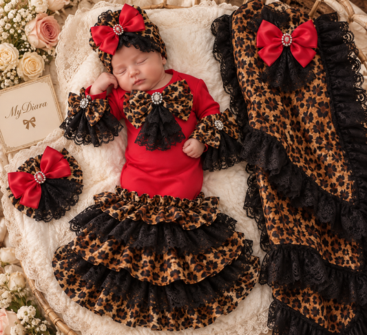 Red gown bonnet and blankent set