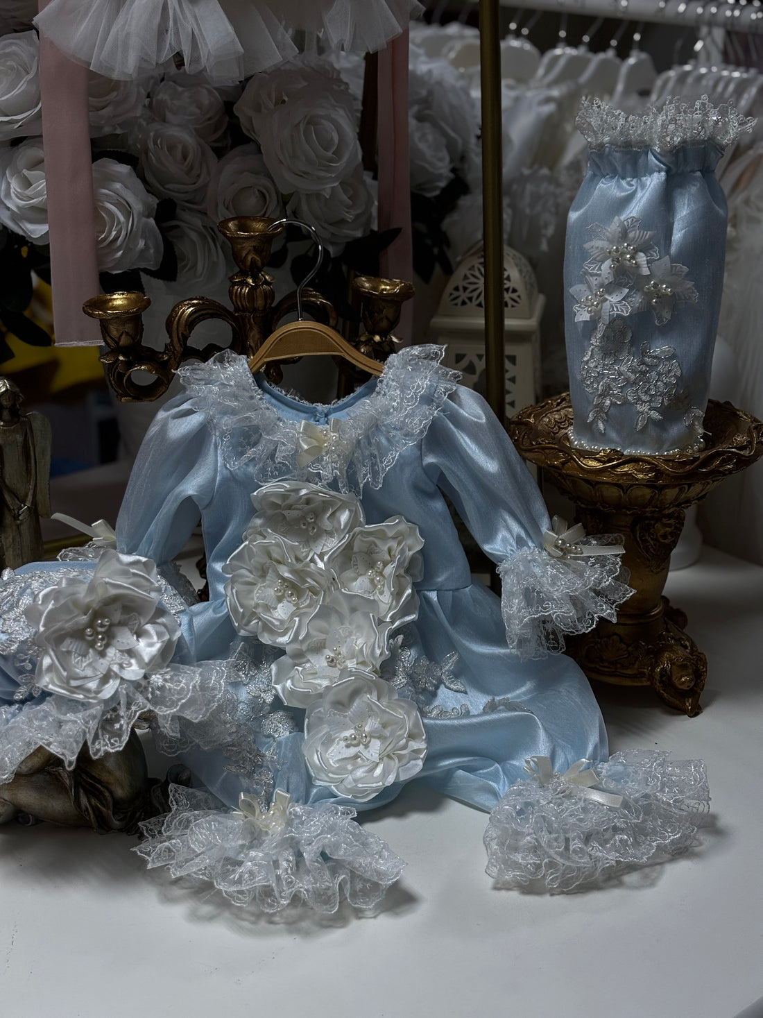 Blue silk fabric flower pearl handmade baby jumpsuit  bonnet and shoes