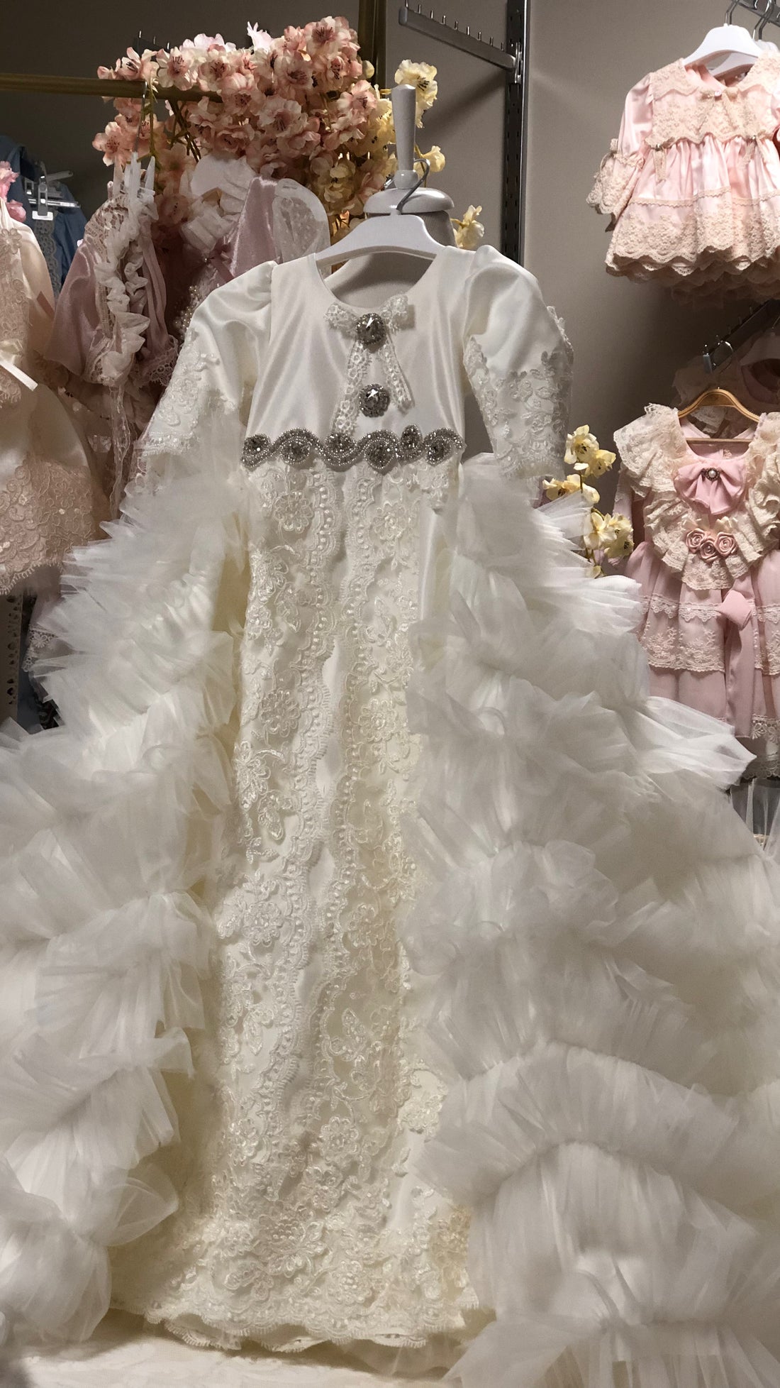 Cream Satin France Lace Fabric Long Tulle Gown And Bonnet Baptism Dresses