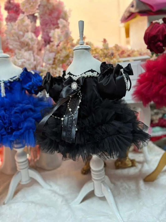 Black satin fabric puffy dress