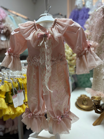 Pink Baby Jumpsuit And Bonnet  Coton Fabric