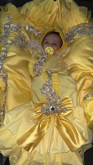 Yellow baby blankent cocoon and bonnet