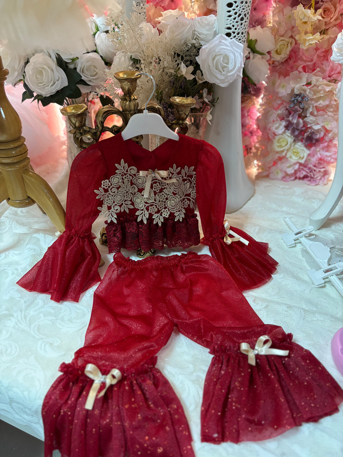 Red tulle fabric two pieces outfıt
