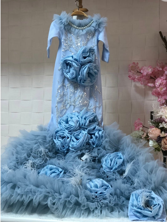 Blue long flowers long baby gown and bonnet