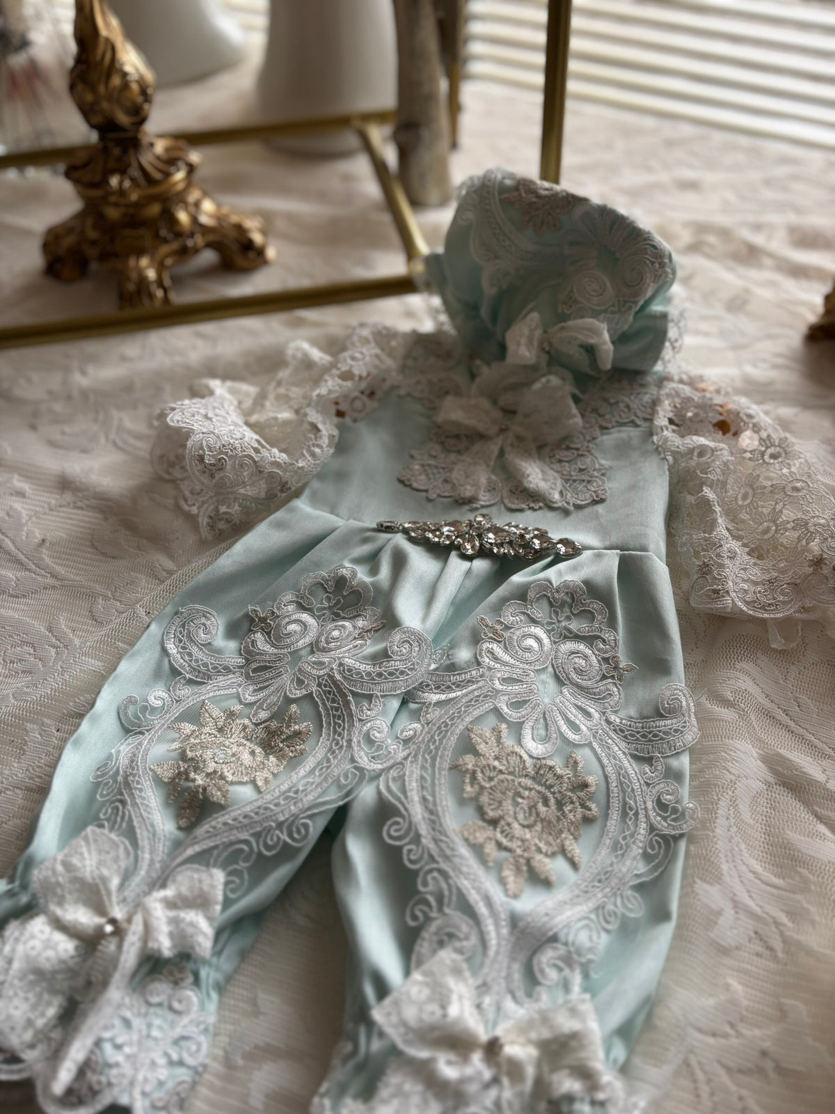 Mint blue baby jumpsuit and bonnet
