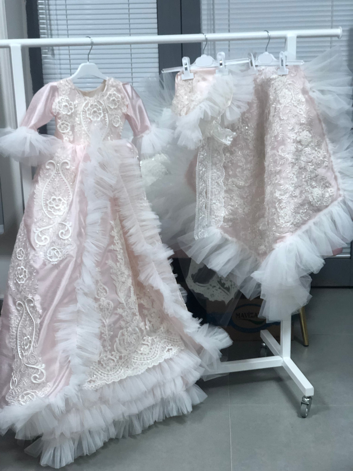 Pink silk fabric lace detail long baby gown bonnet and blankent