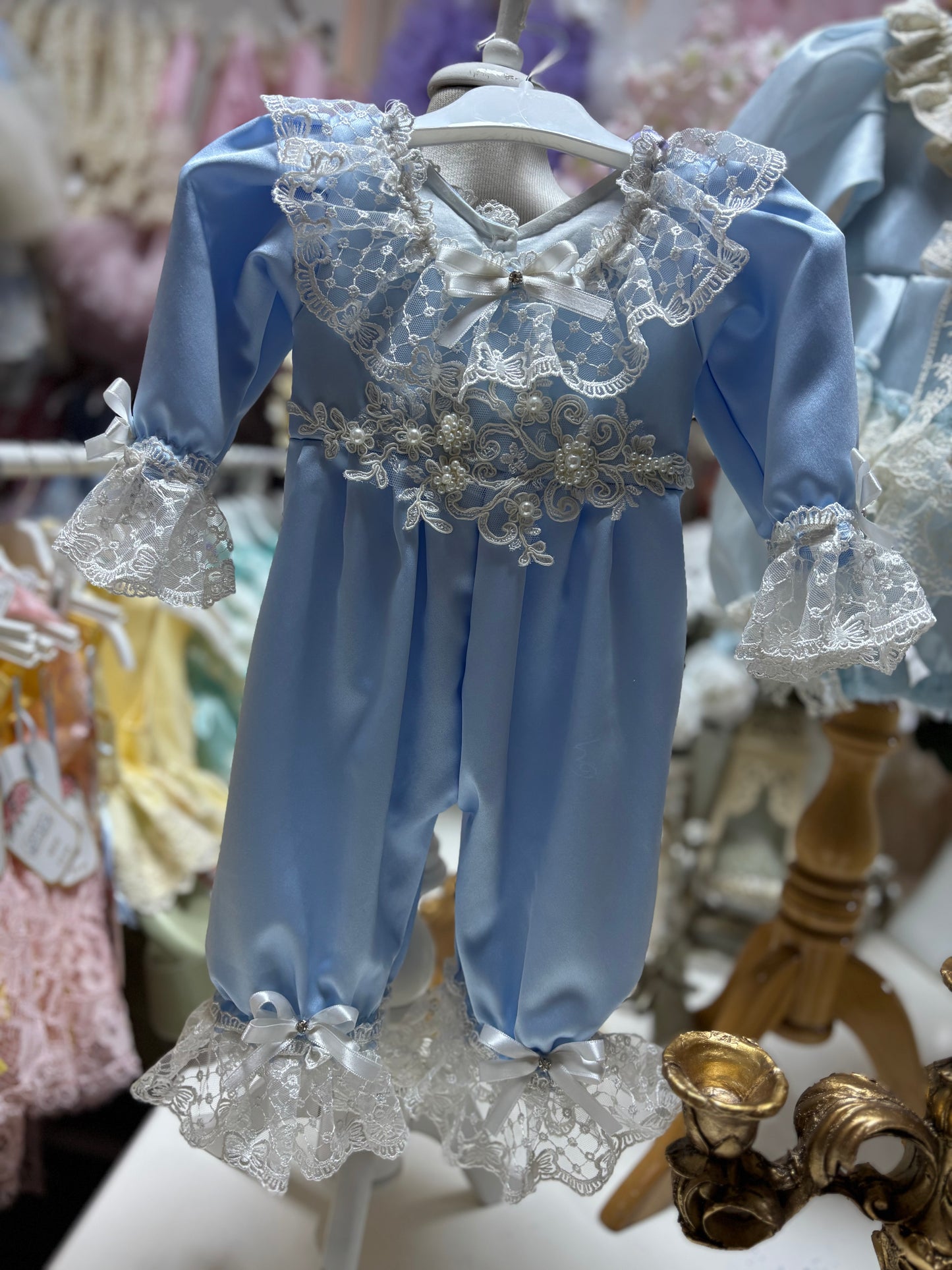Light Blue Baby Satin Fabric Pearl Aplique Jumpsuit