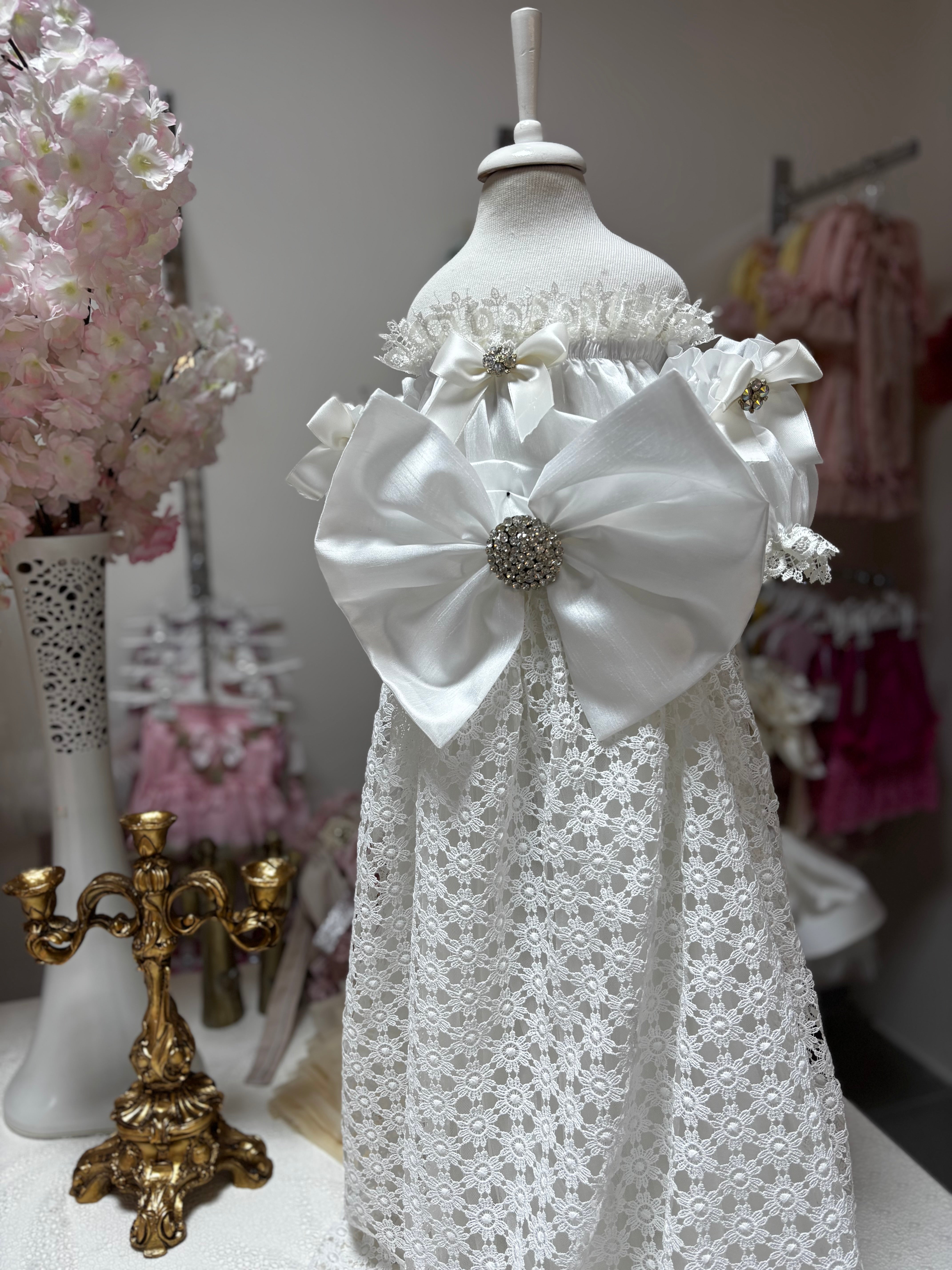 Cream lace sil fabric baby gown and hair bow