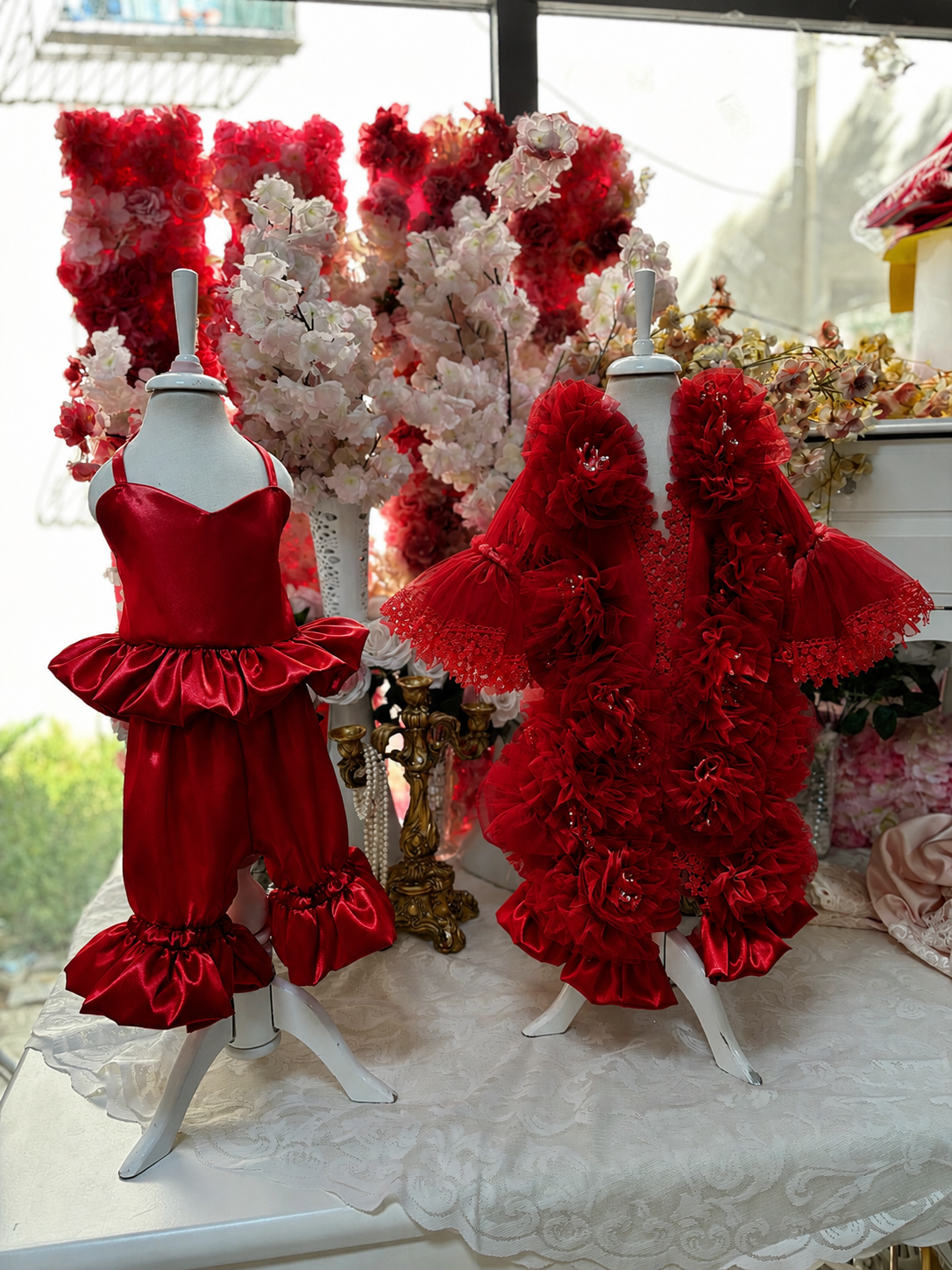Red satin fabric pajamas and red tulle flower robe