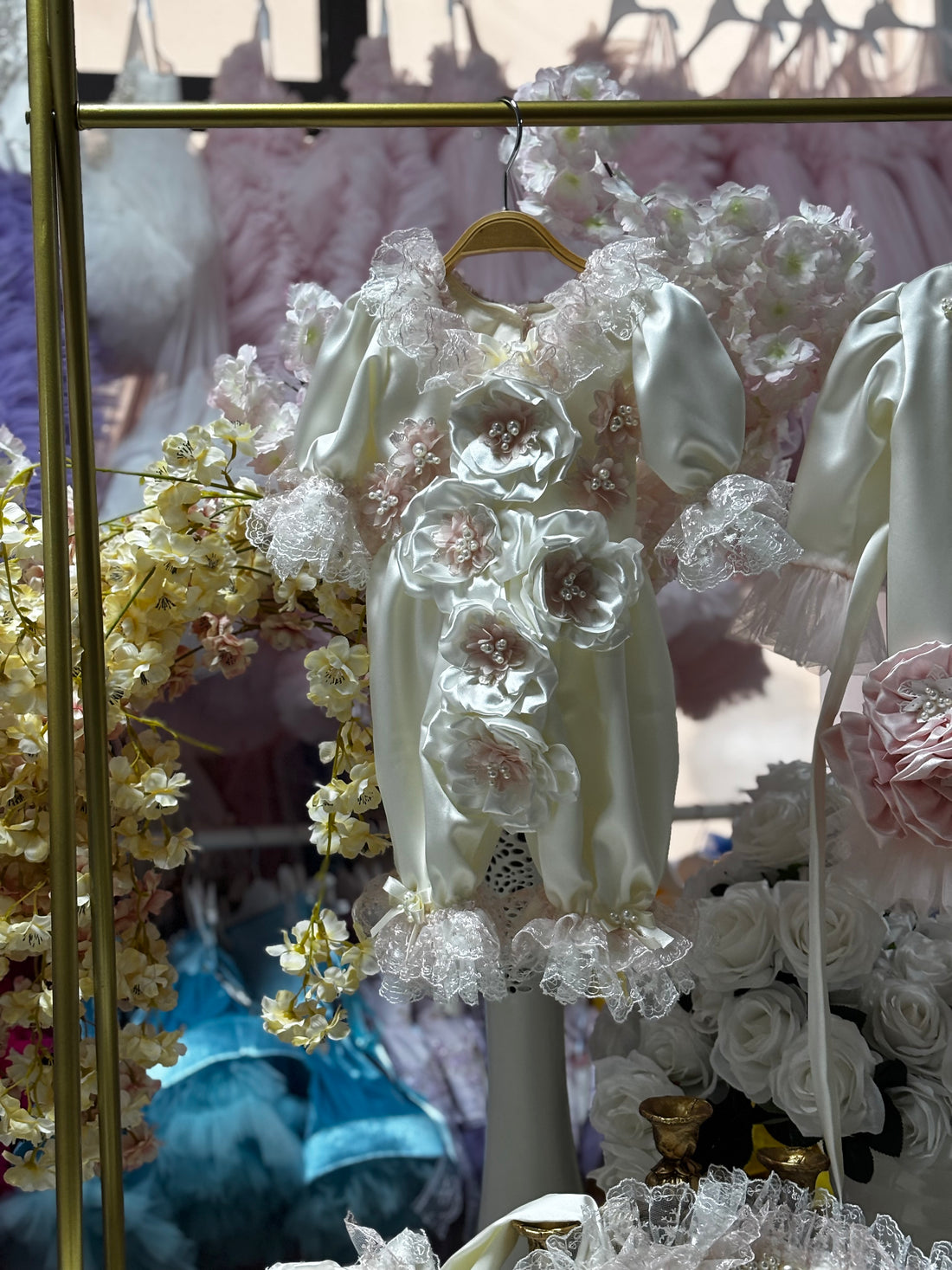 cream satin fabric pearl flowers baby jumpsuit bonnet and shoes