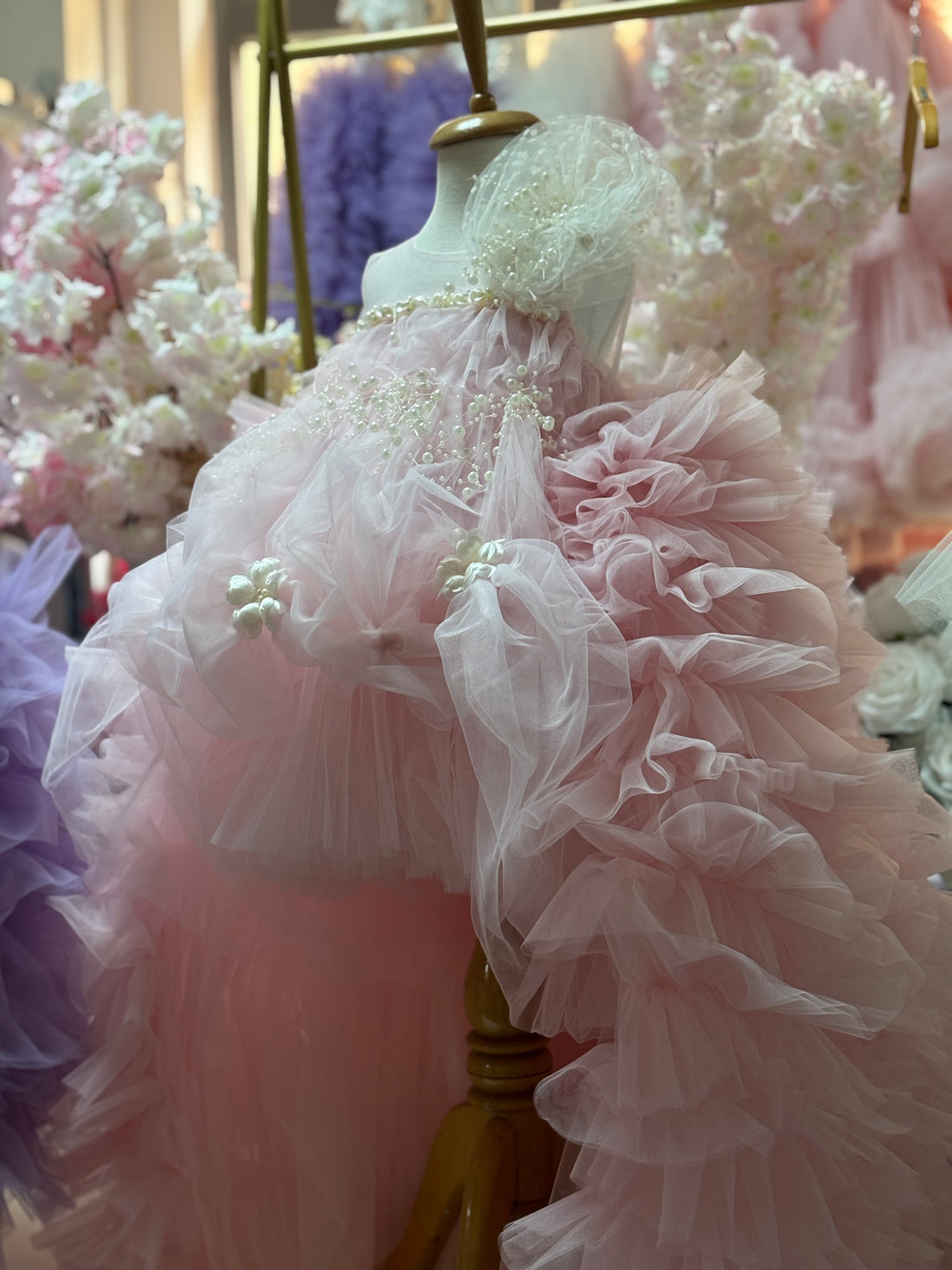 Pink puffy long train flowers gir dress