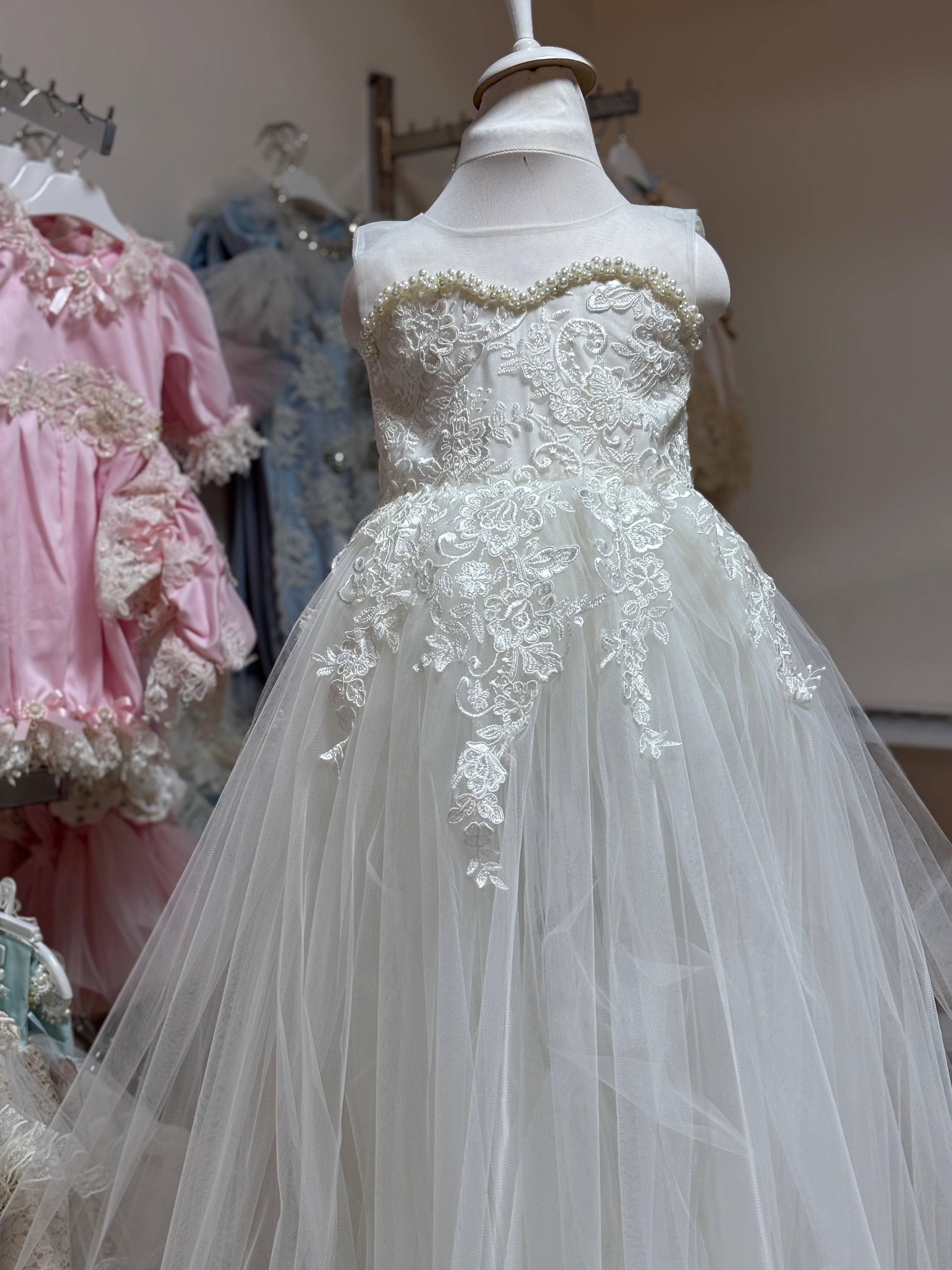 Cream long pearl details girl gown