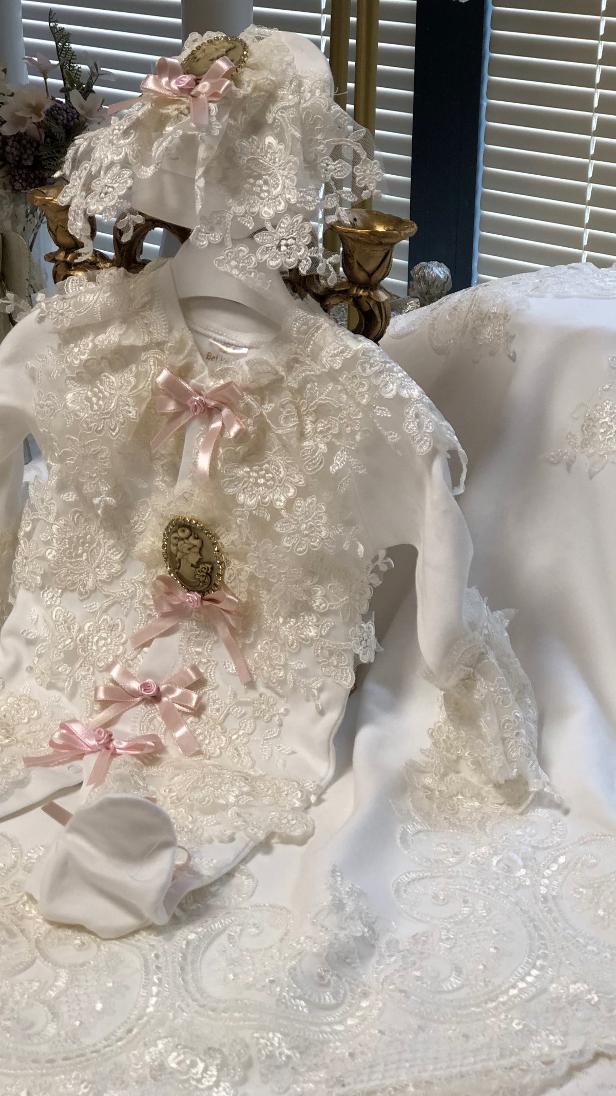 Cream France lace baby jumpsuit bonnet and blankent