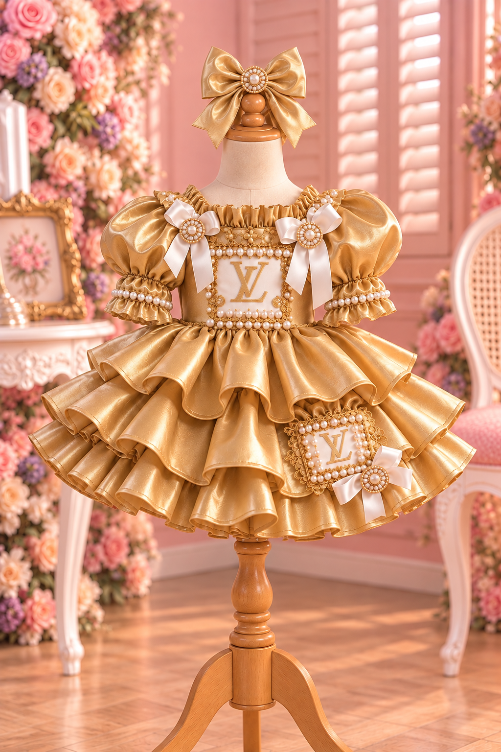 Gold girl Christmas dress and hairclips
