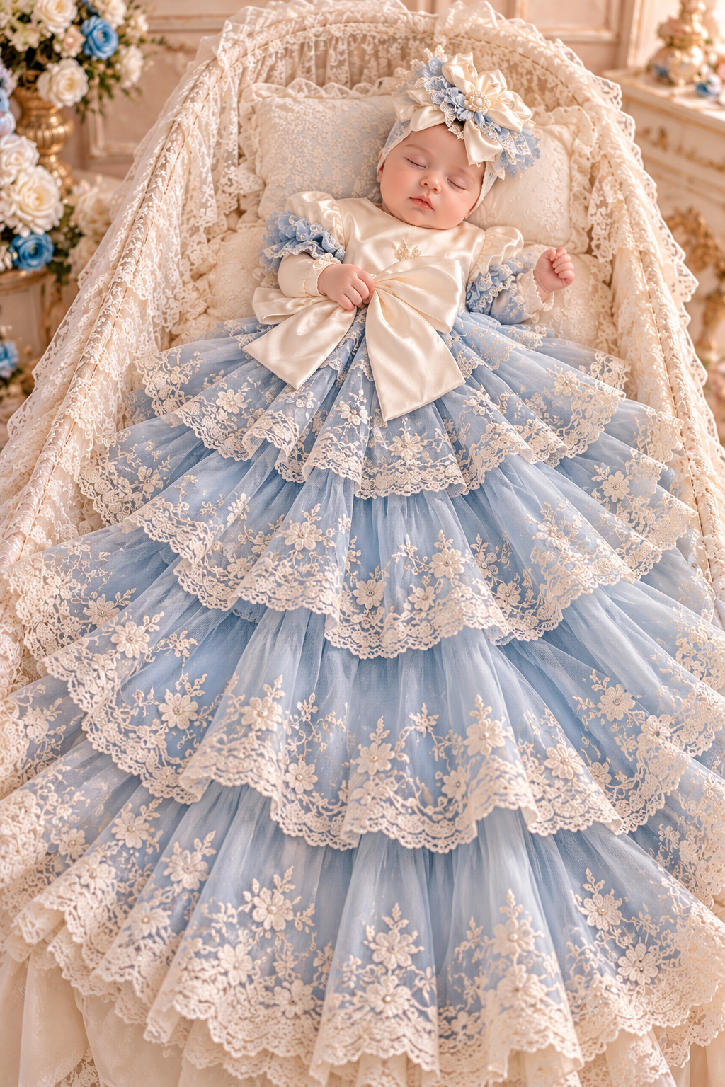 Blue tulle long baby gown and bonnet wholasale 4 pcs