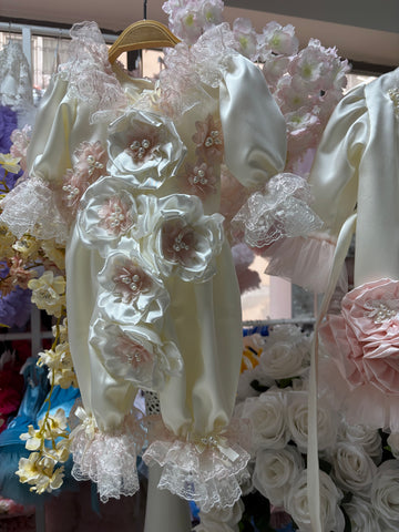 cream satin fabric pearl flowers baby jumpsuit bonnet and shoes