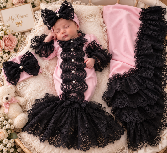Black pink baby gown bonnet and blankent