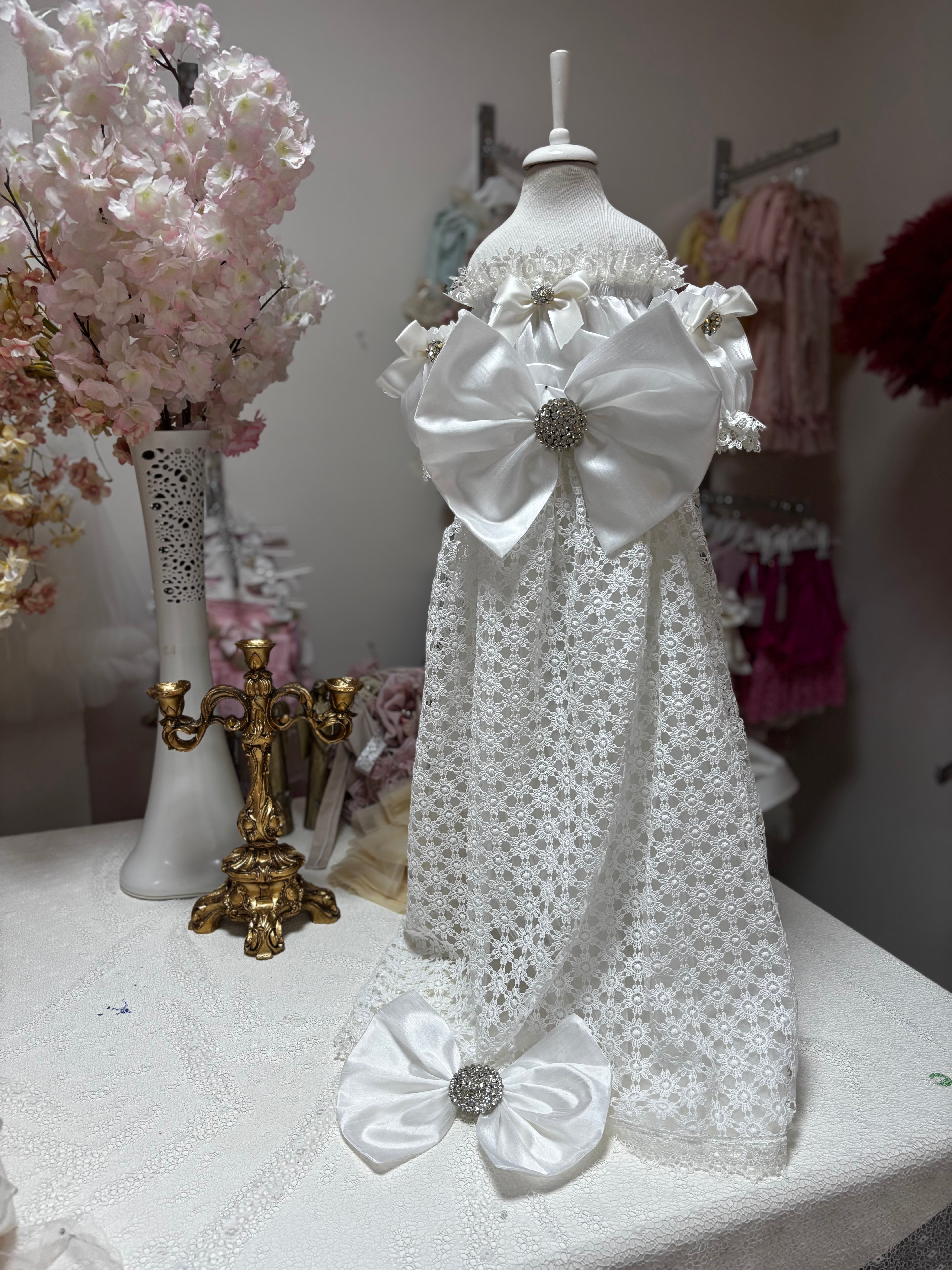 Cream lace sil fabric baby gown and hair bow