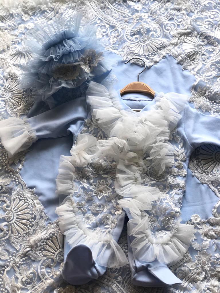 Baby Blue Newborn 3month to 6month Jumpsuit Hat Blankent Coton Pear France Lace Set