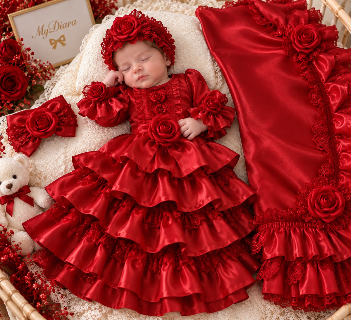 Red fabric baby gown bonnet and blankent set
