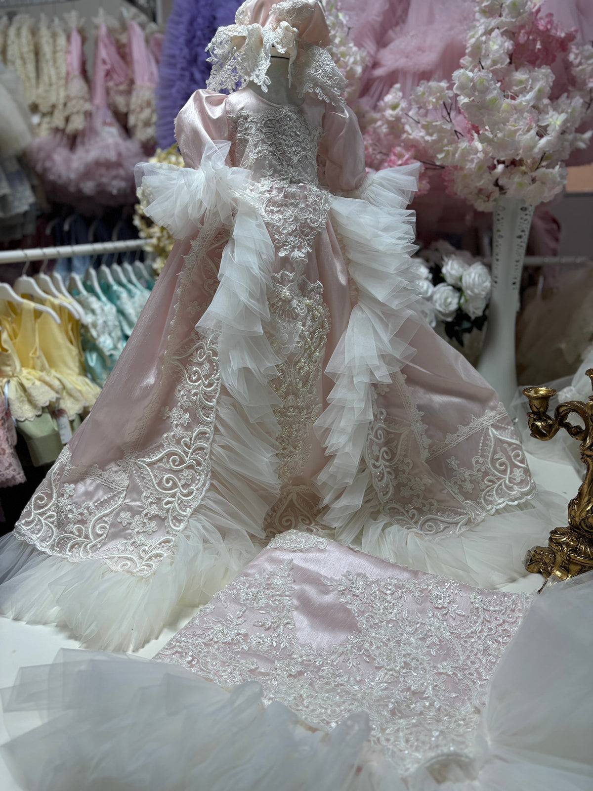 Pink silk baby long gown blankent and bonnet