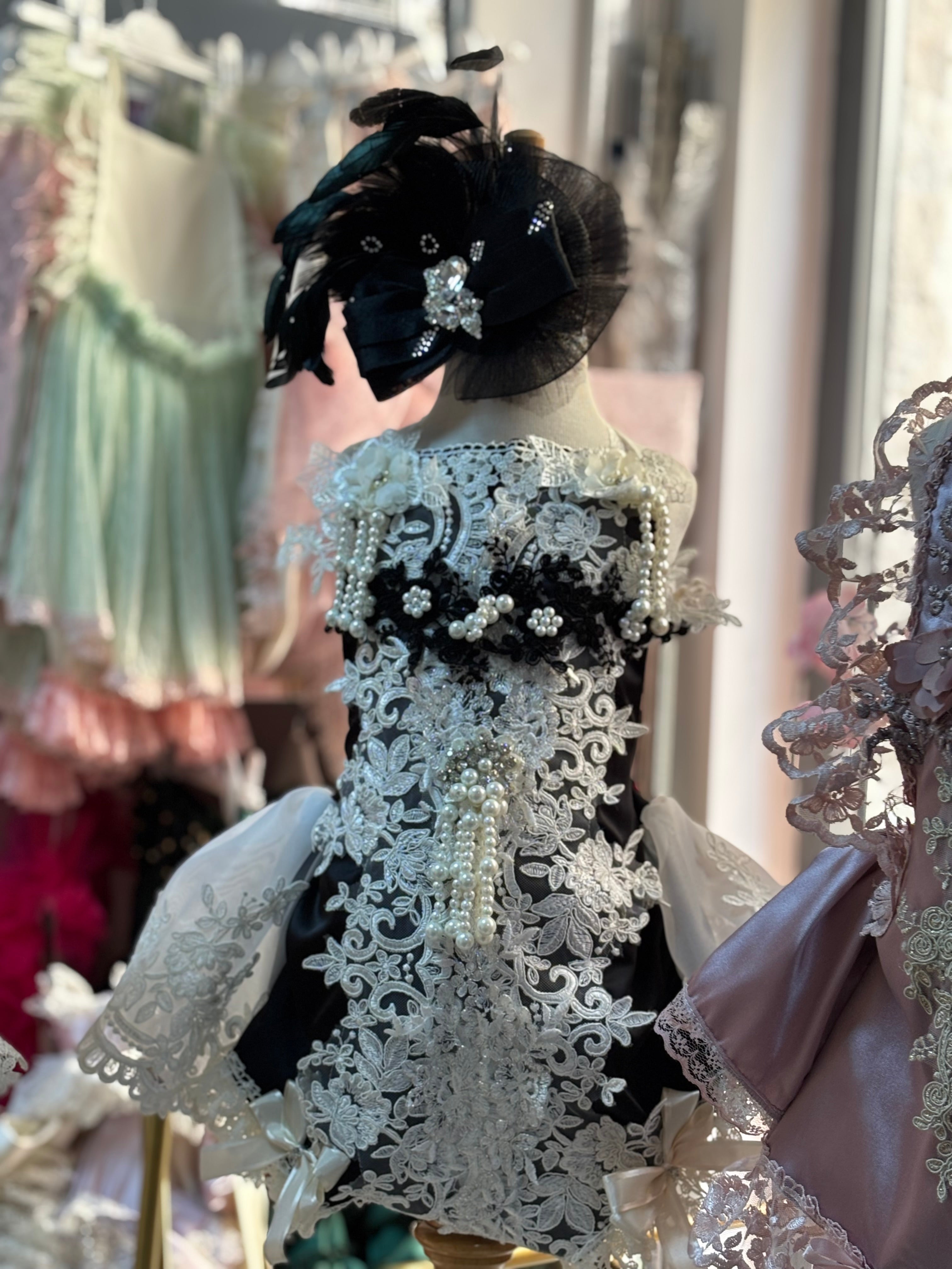 Black silk fabric baby girl pearl details vintage romper