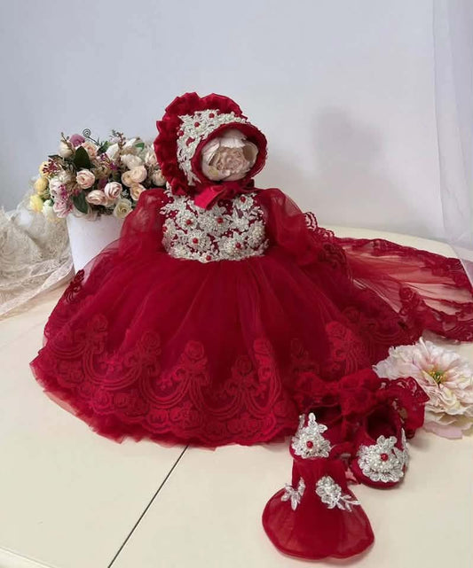 Red holiday dress and bonnet