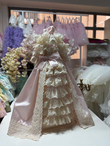 Pink silk fabric Baby Toddler Gown Dresses And Bonnet