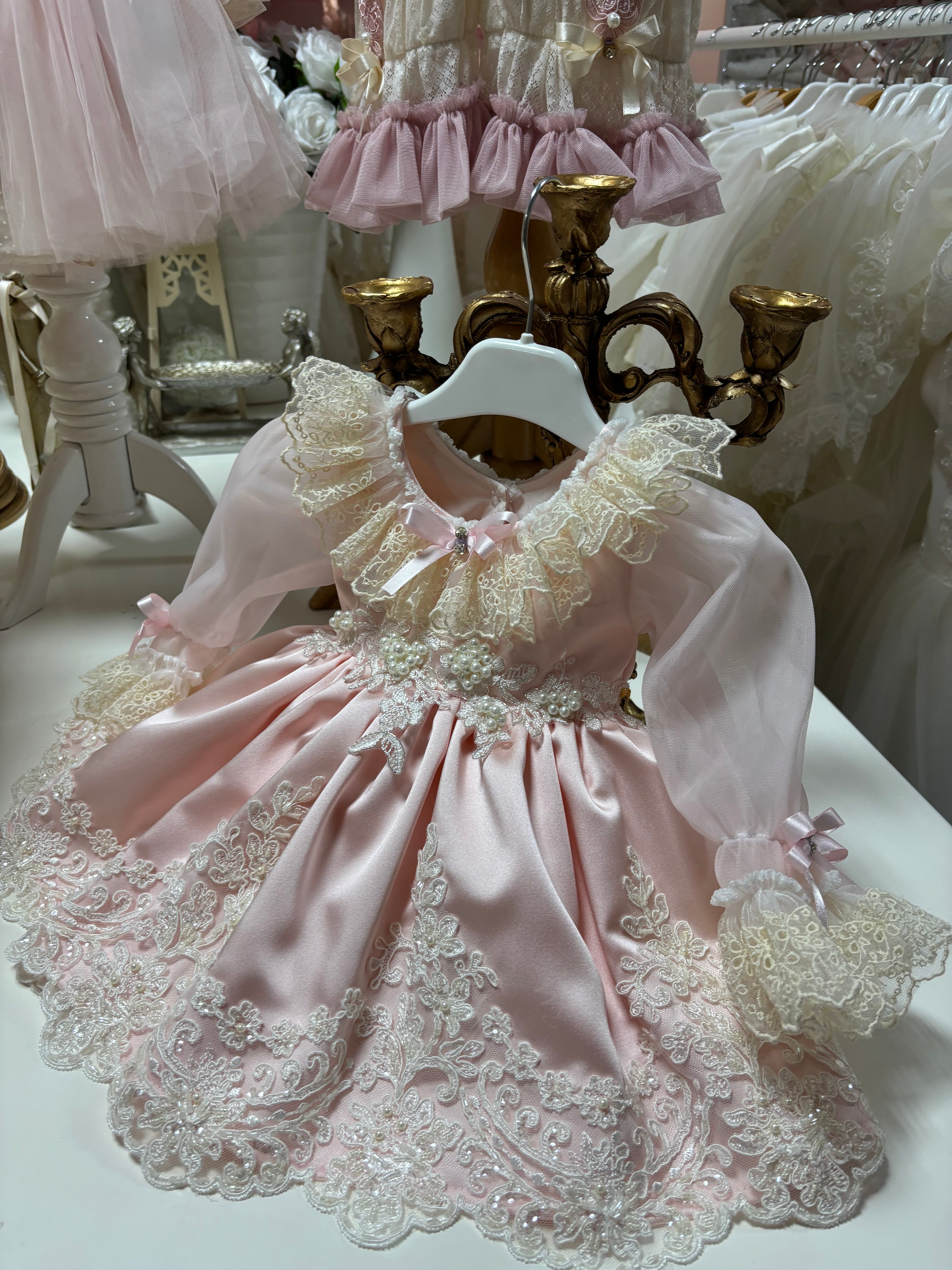 Pink Baby amazing Satin Fabric Pearl Aplique Dresses and Bonnet