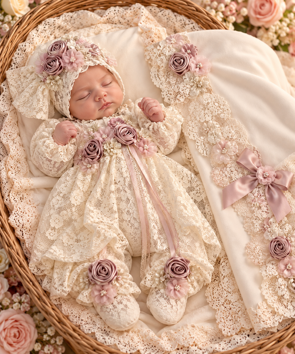 Lace fabric baby gown jumpsuit bonnet and blankent