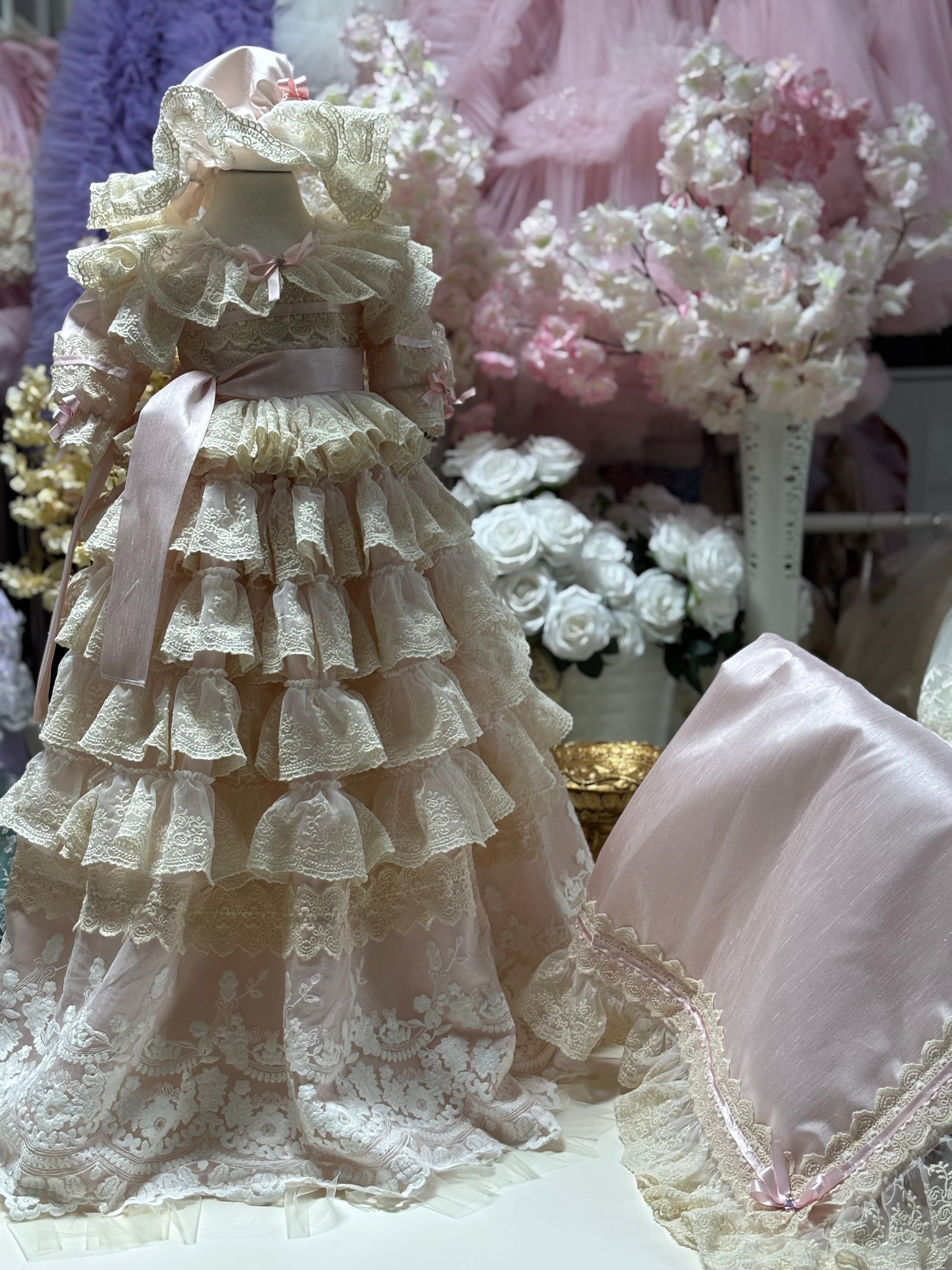 Pink silk lace fabric baby long gown bonnet and Blankent set