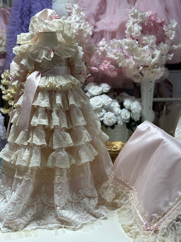 Pink silk lace fabric baby long gown bonnet and Blankent set