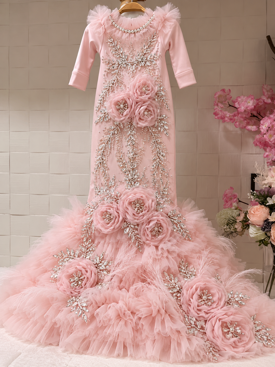 Pink rhinestone and flowers long baby gown and bonnet