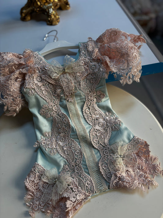Mint and light pink coton France lace fabric romper wholesale 6 pcs