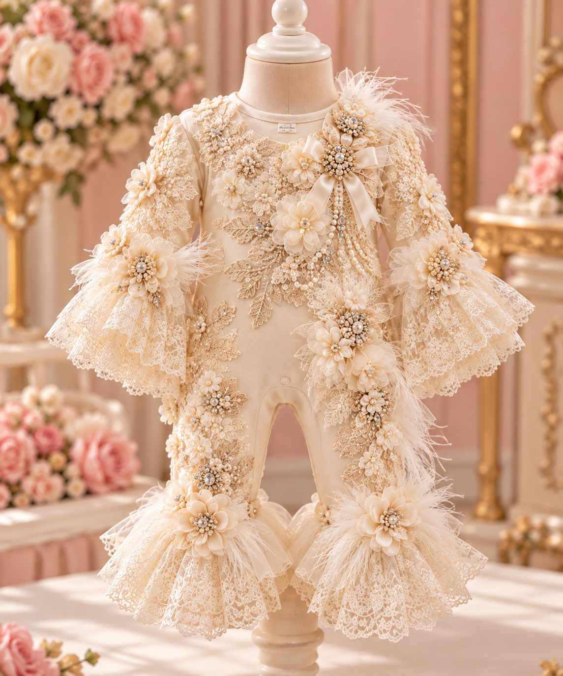 Cream baby pearl aplıque jumpsuit and bonnet wholasale 4 pcs